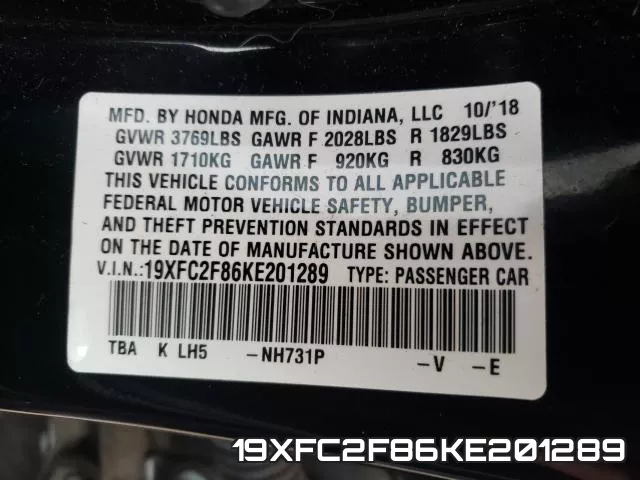 19XFC2F86KE201289 фото 2