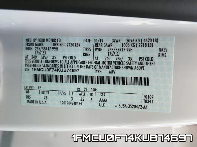 1FMCU0F74KUB74697 фото 2