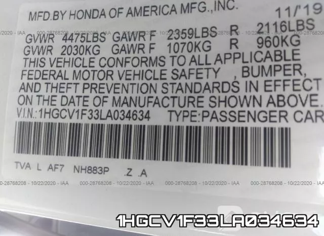 1HGCV1F33LA034634 фото 9