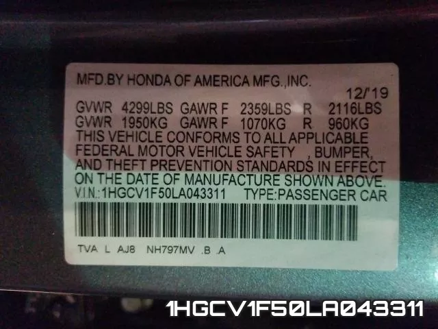 1HGCV1F50LA043311 фото 2