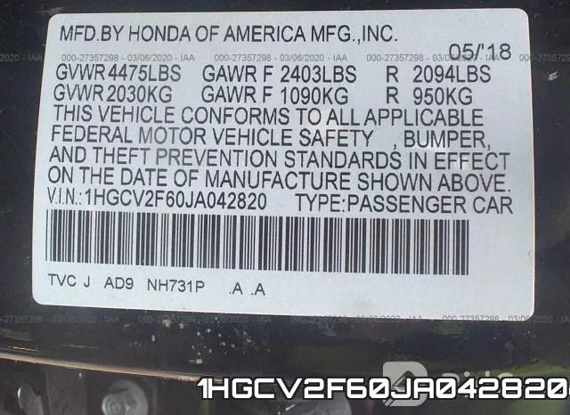 1HGCV2F60JA042820 фото 10