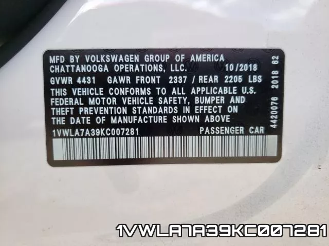 1VWLA7A39KC007281 фото 2
