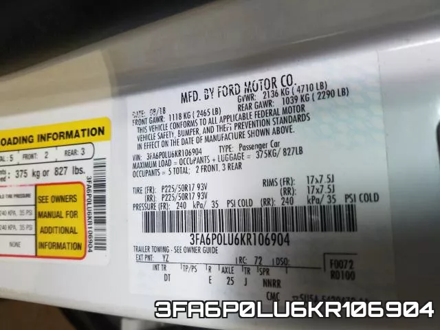 3FA6P0LU6KR106904 фото 2
