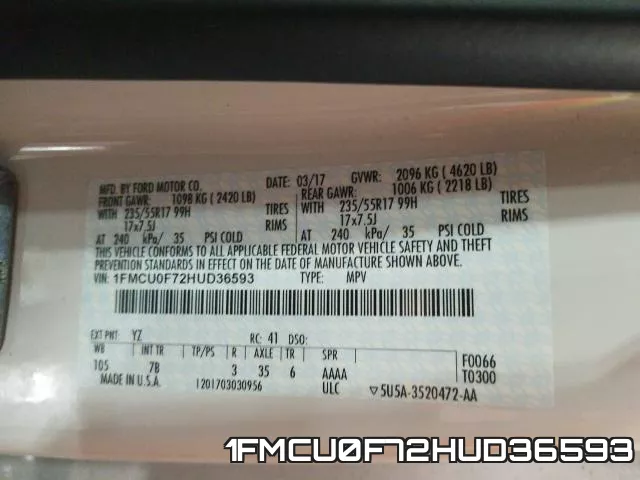 1FMCU0F72HUD36593 фото 2
