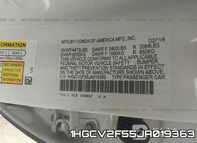 1HGCV2F55JA019363 фото 10