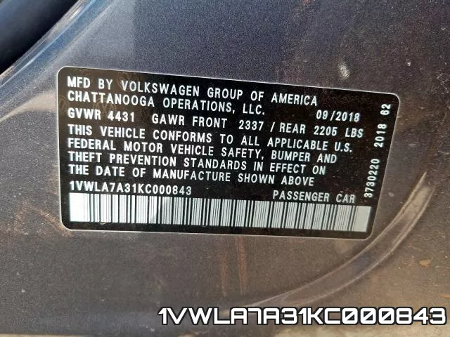 1VWLA7A31KC000843 фото 2