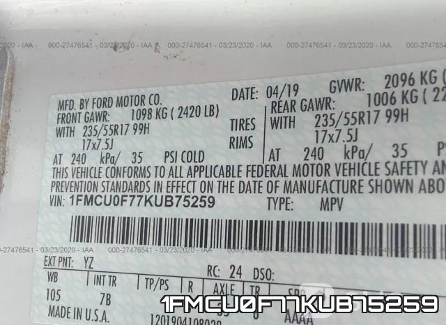 1FMCU0F77KUB75259 фото 10