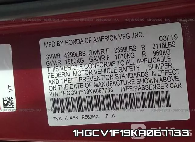 1HGCV1F19KA067733 фото 10