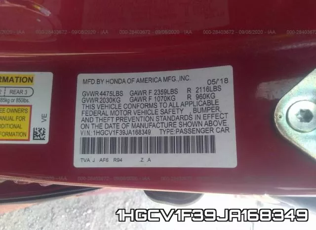 1HGCV1F39JA168349 фото 10
