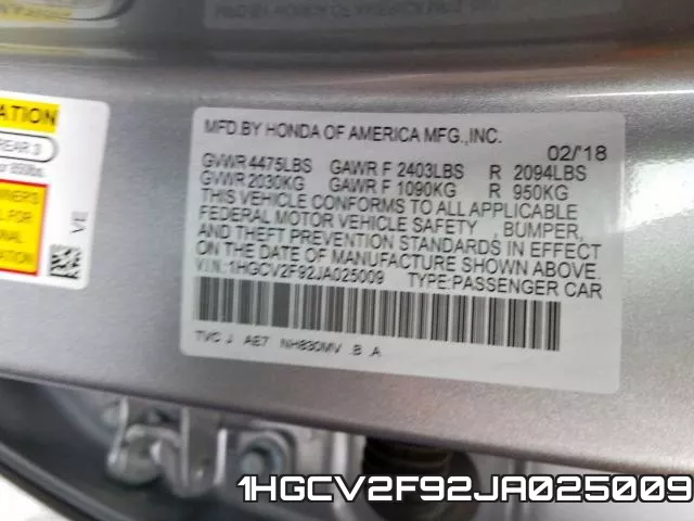 1HGCV2F92JA025009 фото 2