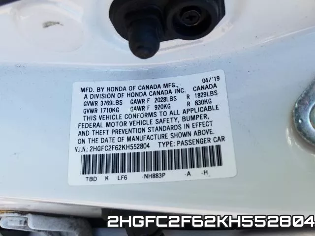 2HGFC2F62KH552804 фото 2