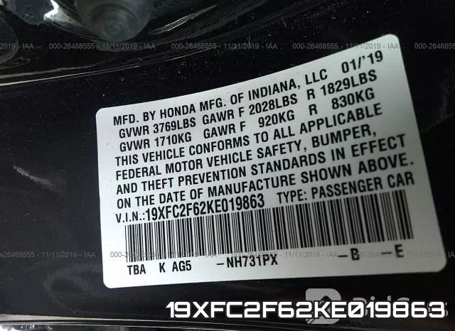 19XFC2F62KE019863 фото 10