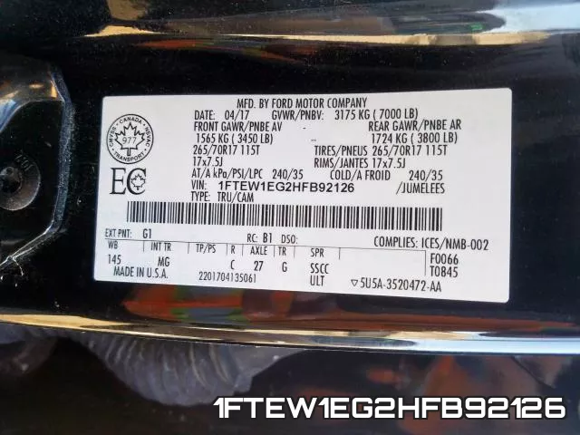 1FTEW1EG2HFB92126 фото 2