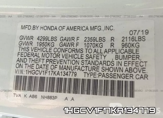 1HGCV1F17KA134779 фото 10