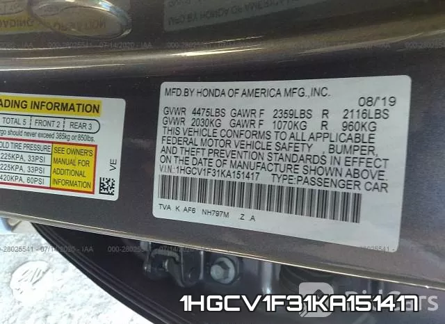 1HGCV1F31KA151417 фото 10