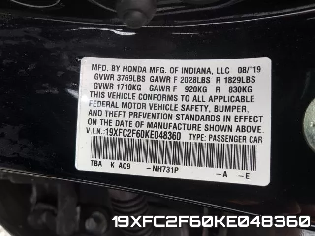 19XFC2F60KE048360 фото 2
