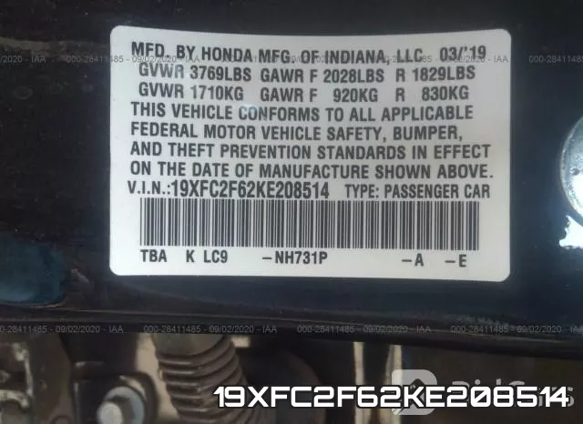 19XFC2F62KE208514 фото 9