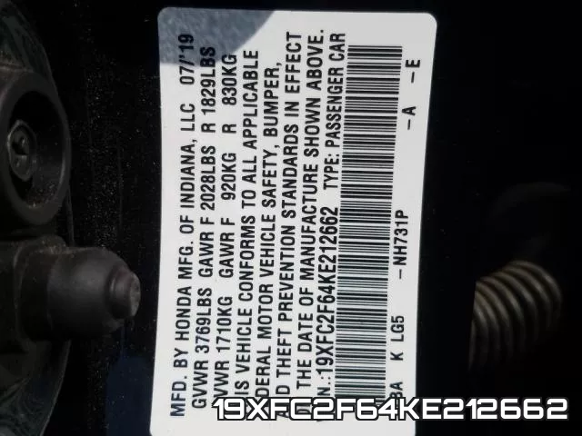 19XFC2F64KE212662 фото 2