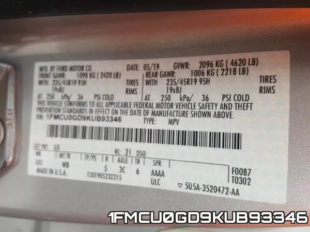1FMCU0GD9KUB93346 фото 2