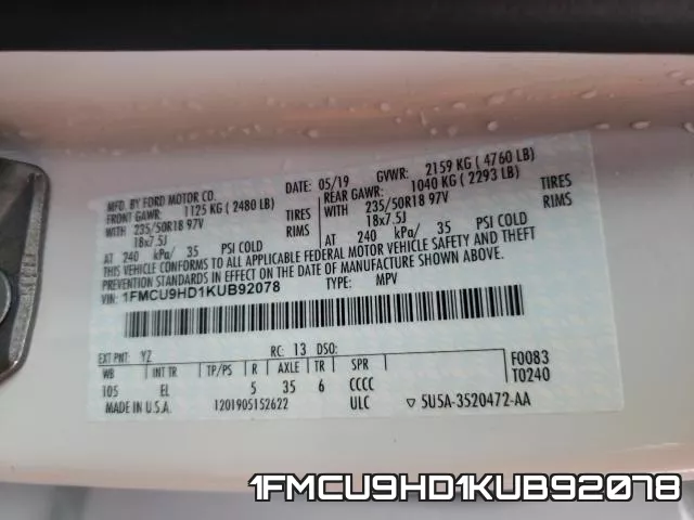 1FMCU9HD1KUB92078 фото 2
