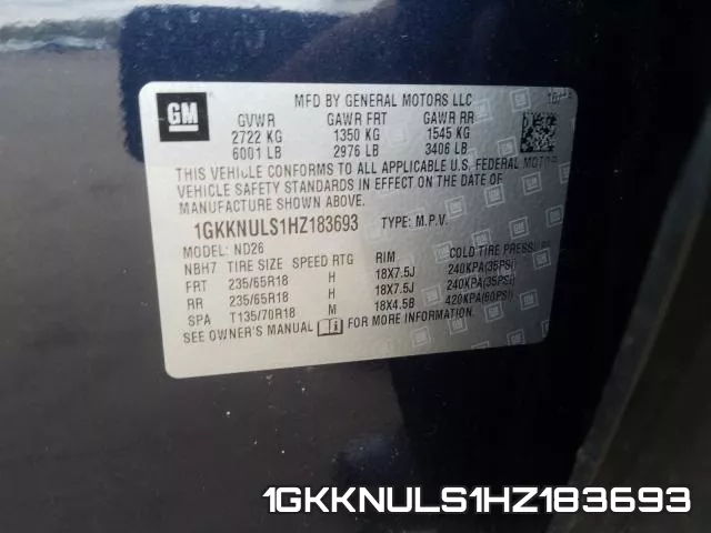 1GKKNULS1HZ183693 фото 2