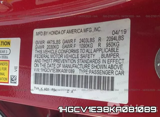 1HGCV1E38KA081089 фото 10