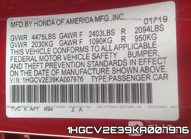 1HGCV2E39KA007976 фото 10