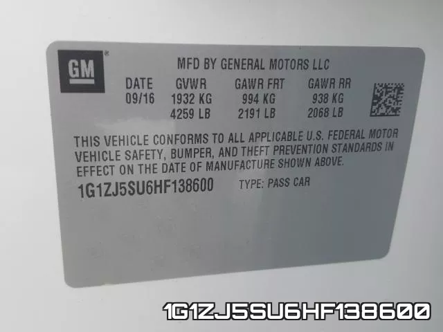 1G1ZJ5SU6HF138600 фото 2