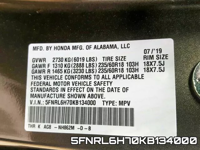 5FNRL6H70KB134000 фото 2