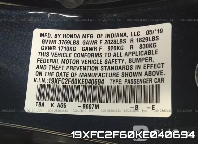19XFC2F60KE040694 фото 10