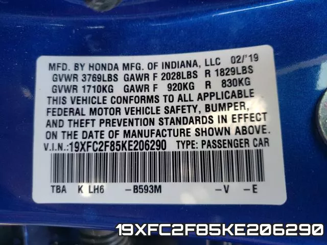 19XFC2F85KE206290 фото 2