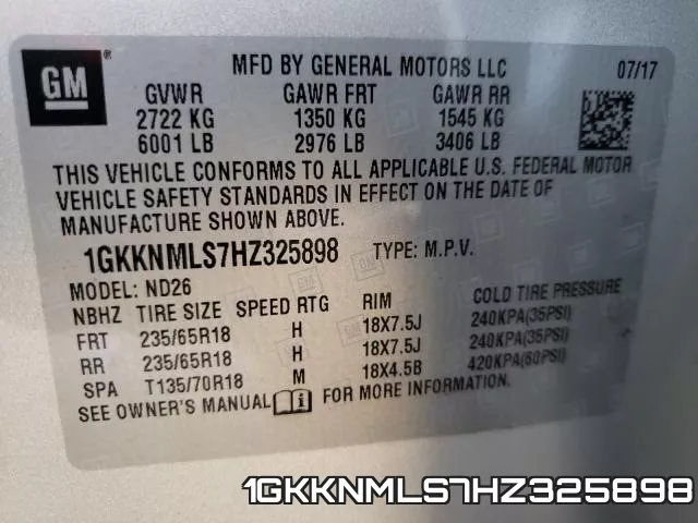 1GKKNMLS7HZ325898 фото 2
