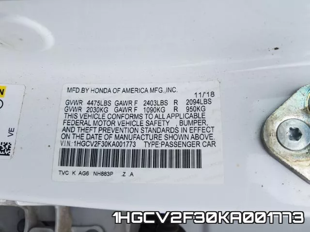 1HGCV2F30KA001773 фото 2