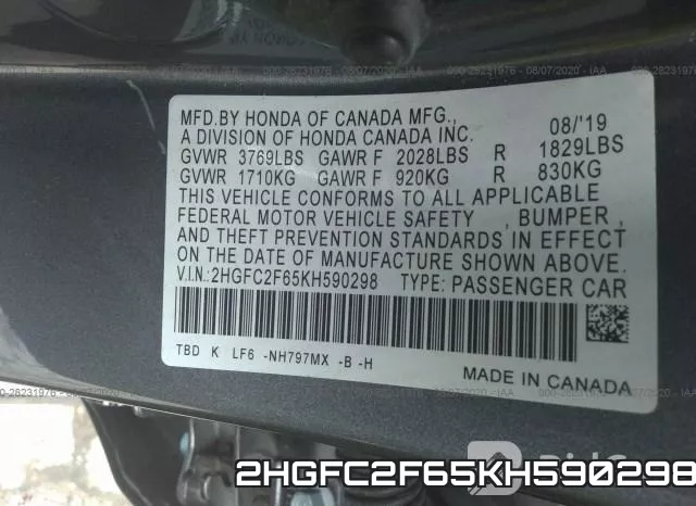 2HGFC2F65KH590298 фото 9