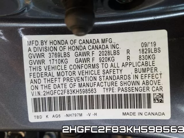 2HGFC2F83KH598563 фото 2