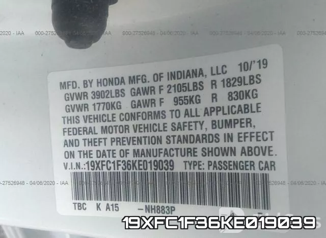 19XFC1F36KE019039 фото 9