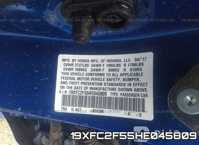 19XFC2F55HE045809 фото 10