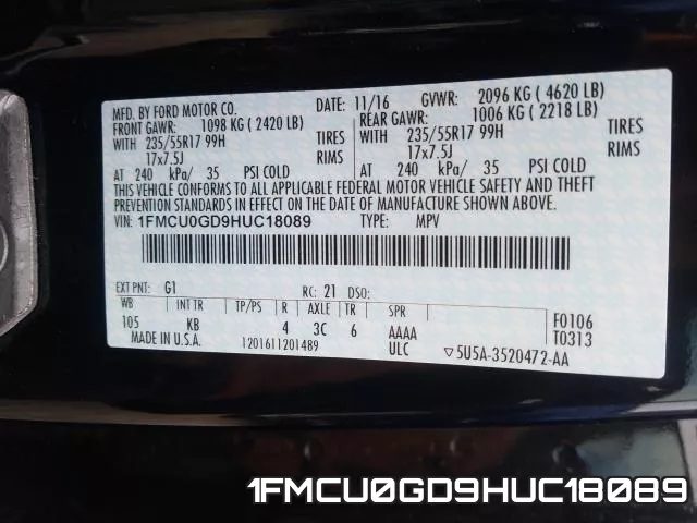 1FMCU0GD9HUC18089 фото 2