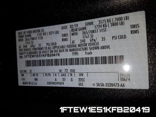 1FTEW1E51KFB20419 фото 2