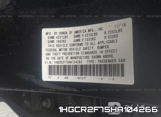 1HGCR2F75HA104266 фото 9