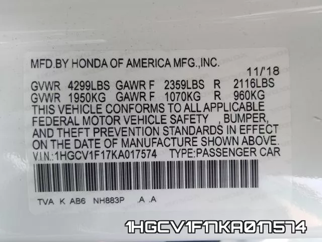 1HGCV1F17KA017574 фото 2