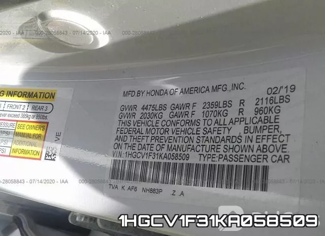 1HGCV1F31KA058509 фото 10