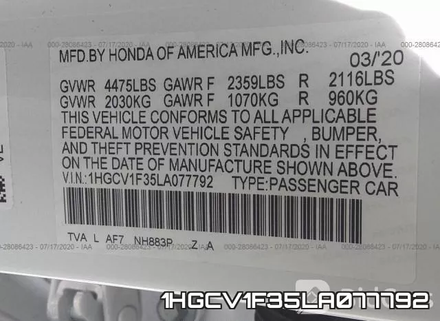 1HGCV1F35LA077792 фото 9