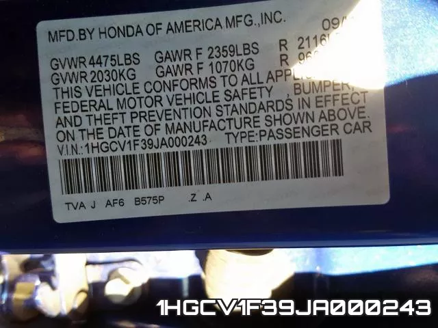 1HGCV1F39JA000243 фото 2