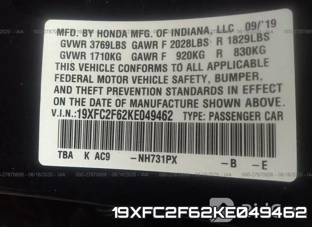 19XFC2F62KE049462 фото 10