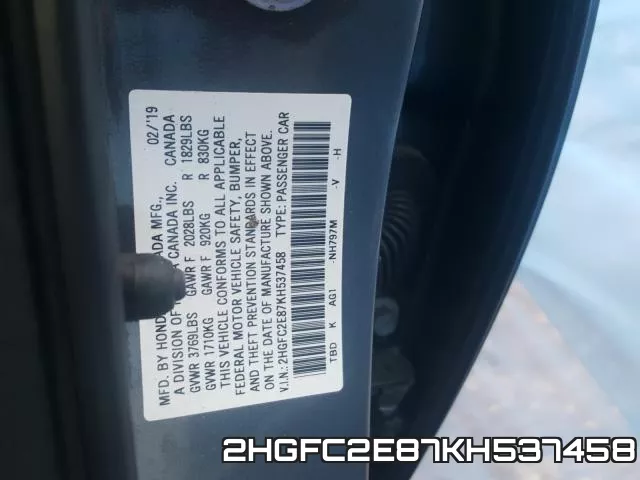 2HGFC2E87KH537458 фото 2