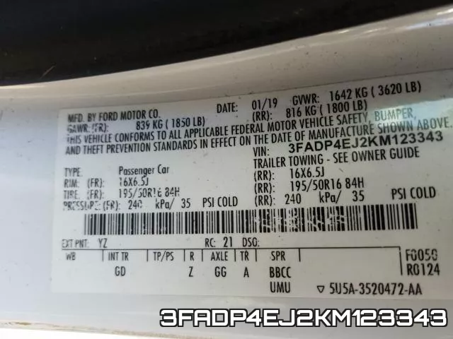 3FADP4EJ2KM123343 фото 2