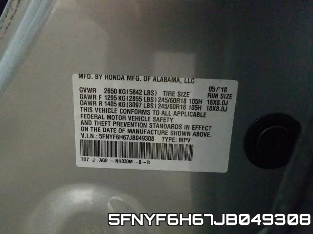 5FNYF6H67JB049308 фото 2