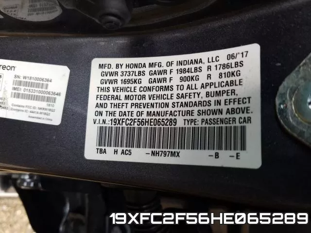 19XFC2F56HE065289 фото 2