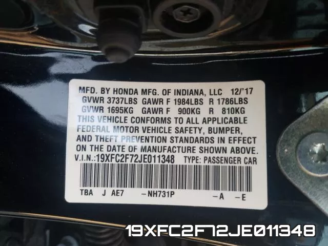 19XFC2F72JE011348 фото 2
